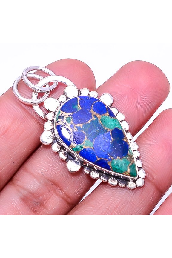 Copper Azurite Chrysocolla Designer 925 Sterling Silver Pendant 1.68" P53, Gemstone Jewelry, Birthday Gift, Christmas Gift