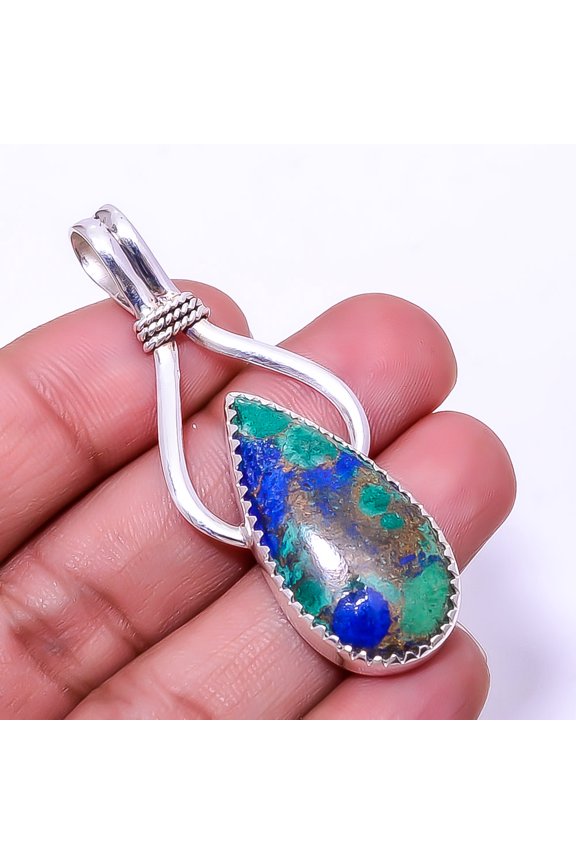Copper Azurite Chrysocolla Designer 925 Sterling Silver Pendant 2.34" P14