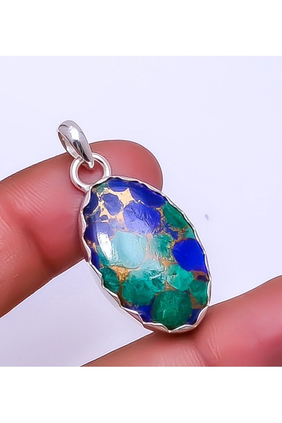 Copper Azurite Chrysocolla Gemstone 925 Sterling Silver Pendant 1.56" P93029627