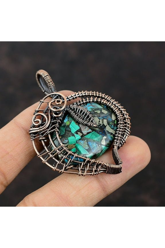 Copper Azurite Malachite Pendant Gemstone Pendant Copper Wire Wrapped Jewelry