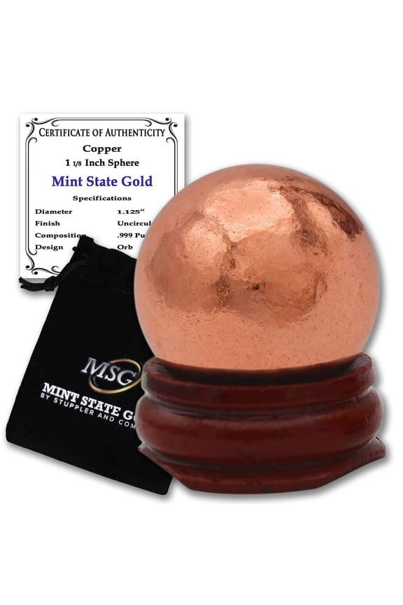 Copper Ball Paperweight with Wooden Base 1 1/8" (25.5mm - 0.26lb) 99.9% Solid Sphere w/CoA by Mint State Gold