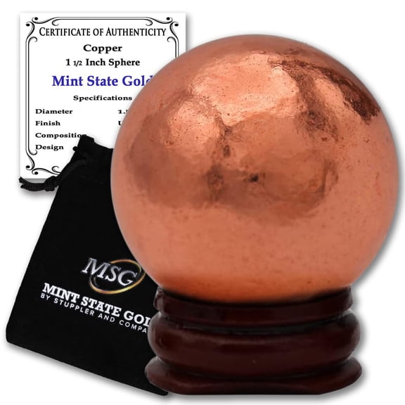Copper Ball Paperweight with Wooden Base | 1.5" (38.1 mm - 0.64 lb) 99.9% Pure Solid Sphere w/CoA (Made in China)