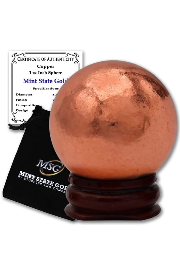 Copper Ball Paperweight with Wooden Base | 1.5" (38.1 mm - 0.64 lb) 99.9% Pure Solid Sphere w/CoA by Mint State Gold