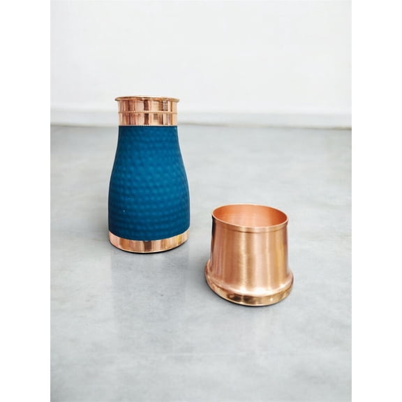 Copper Bedroom Bottle with Inbuilt Glass Blue Hammered Silk Finish Water Bottle for Daily Use Perfect for Gifting