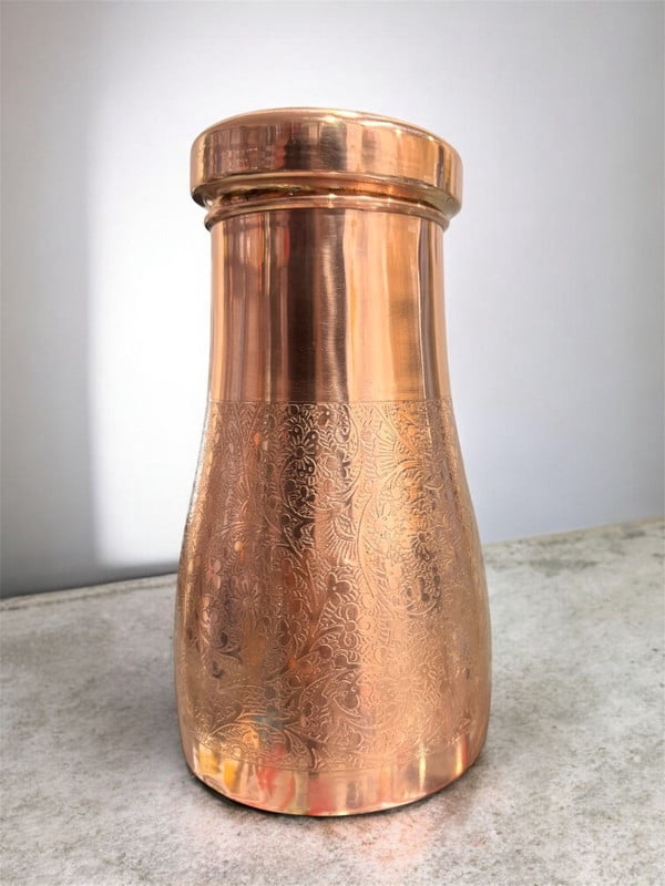 Copper Bedroom Bottle with Inbuilt Glass – Embossed Luxury Design Water Bottle for Daily Use Perfect for Bedroom or Gift