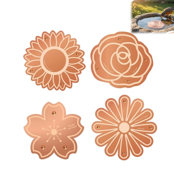 Copper Bird Bath Cleaner Discs 99.99% Pure Copper 4 Inch Water Purification Plates for Birdbath Fountain Pond Algae Control Outdoor Water Care Disk (A+B+C+D, 4PC)