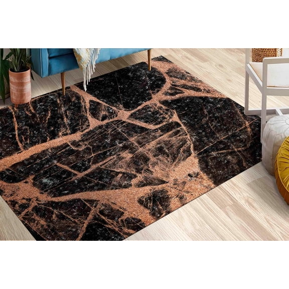 Copper & Black Marble Shimmery Accent Rug - Non-Slip, Non-Shedding, Low-Pile Floor Carpet 3x4ft