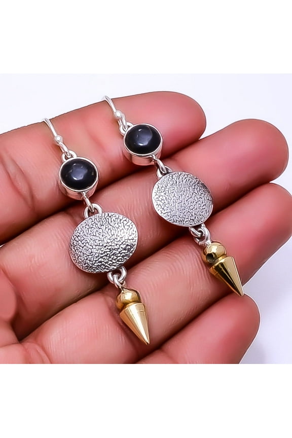 Copper Black Obsidian 925 Sterling Silver Two Tone Arrow Head Earring 2.34" E35, Beautiful Jewelry For Woman, New Year Sale, Valentin's Day Gift