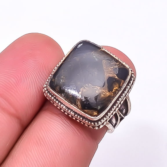 Copper Black Obsidian Gemstone 925 Sterling Silver Bali Ring S.6 R_9512_421_64, New Year Sale, Valentin's Day Gift