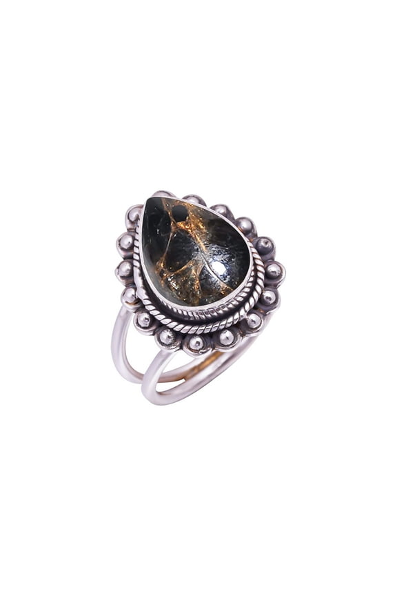 Copper Black Obsidian Gemstone 925 Sterling Silver Ring V9471, Statement Ring, Black Ring, Pear Ring, Gift For Her, Black Obsidian Ring