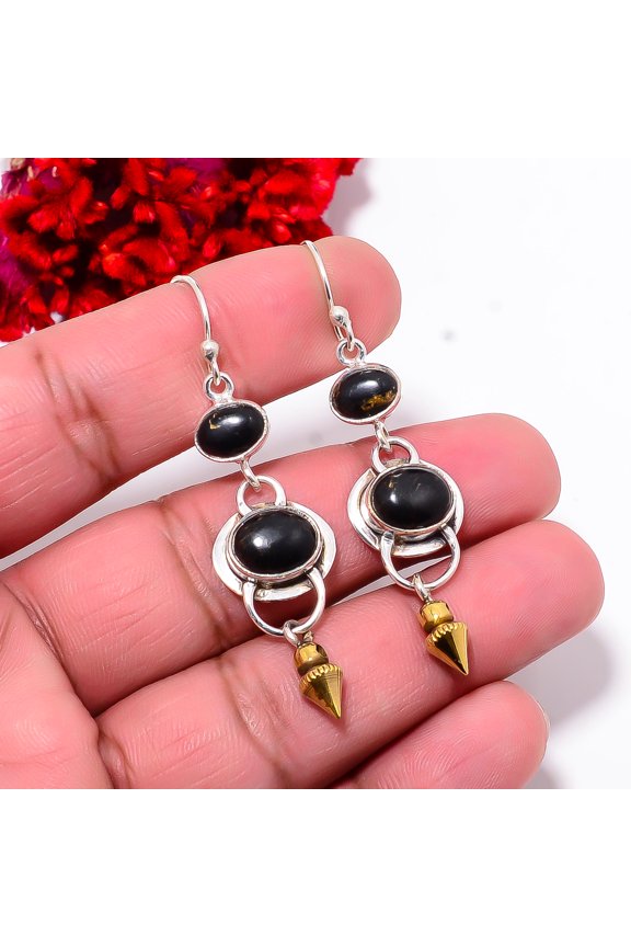 Copper Black Turquoise 925 Silver Two Tone Arrow Head Earring 2.34" E102824, Handmade Jewelry, Dangle Earring