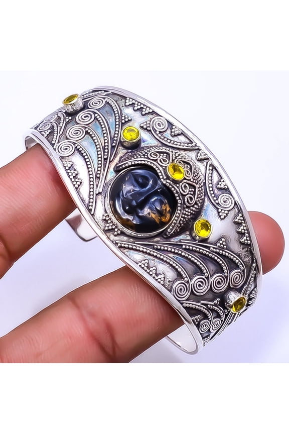 Copper Black Turquoise & Citrine 925 Sterling Silver Bali Cuff 6.99" C_9215_58_9
