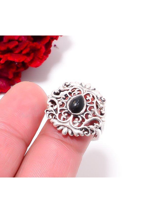 Copper Black Turquoise Designer Handmade 925 Sterling Silver Ring S.8 R9805, Christmas Gift