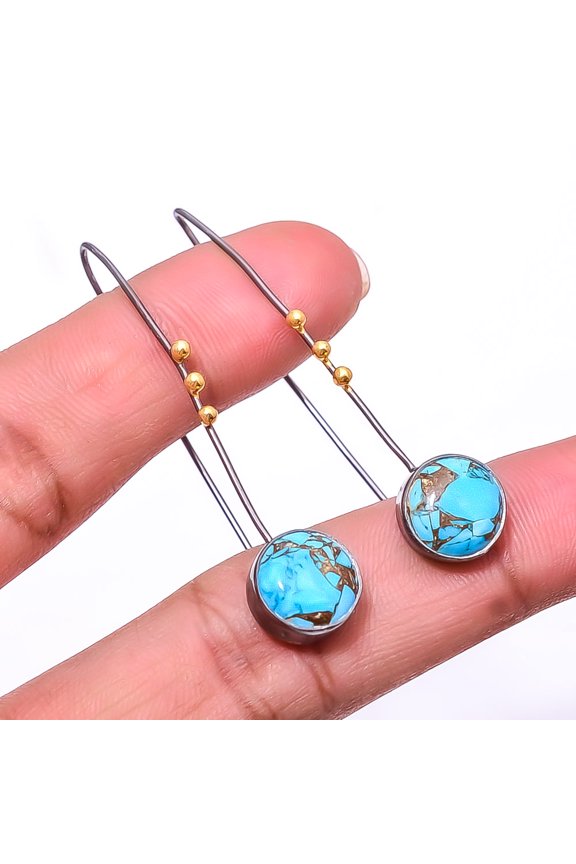 Copper Blue Turquoise 925 Silver Black And Gold Rhodium Plated Earring 1.95" E40, Valentine's Day Gift, Birthday Gift, Beautiful Jewelry For Woman
