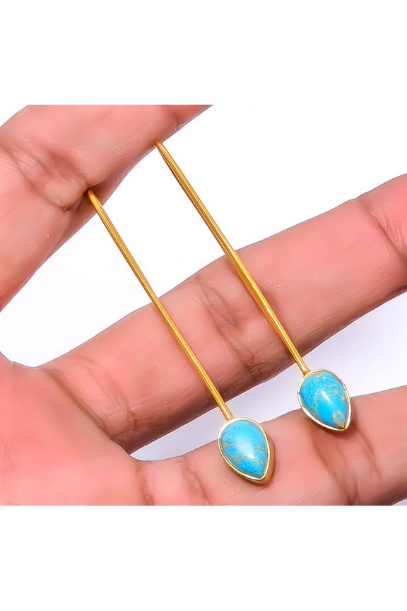 Copper Blue Turquoise 925 Silver Gold Plated Earring 1.95" A362, Handmade Jewelry, Dangle Earring