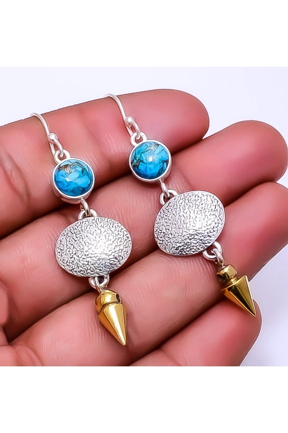Copper Blue Turquoise 925 Sterling Silver Two Tone Arrow Head Earring 2.34" E21, Beautiful Jewelry For Woman, New Year Sale, Valentin's Day Gift
