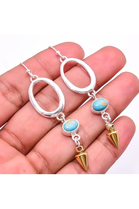 Copper Blue Turquoise 925 Sterling Silver Two Tone Arrow Head Earring 2.73" E25, Beautiful Jewelry For Woman, New Year Sale, Valentin's Day Gift