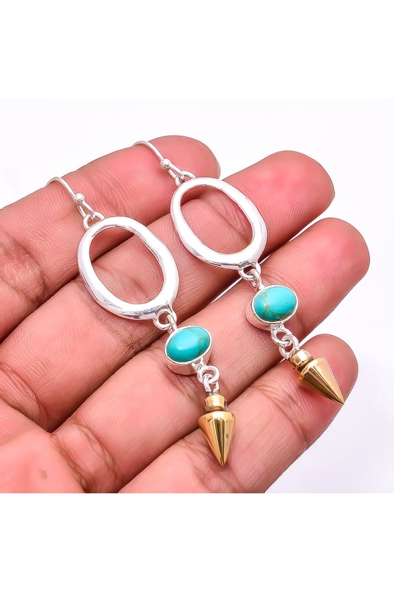 Copper Blue Turquoise 925 Sterling Silver Two Tone Arrow Head Earring 2.73" E47, Beautiful Jewelry For Woman, New Year Sale, Valentin's Day Gift