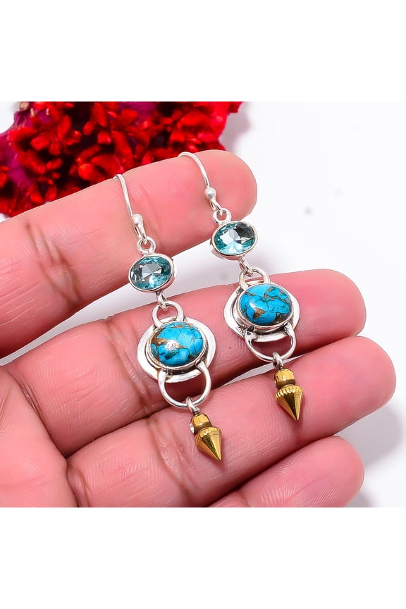 Copper Blue Turquoise 925 Sterling Silver Two Tone Arrow Head Earring 2.34" E102821, Christmas Gift