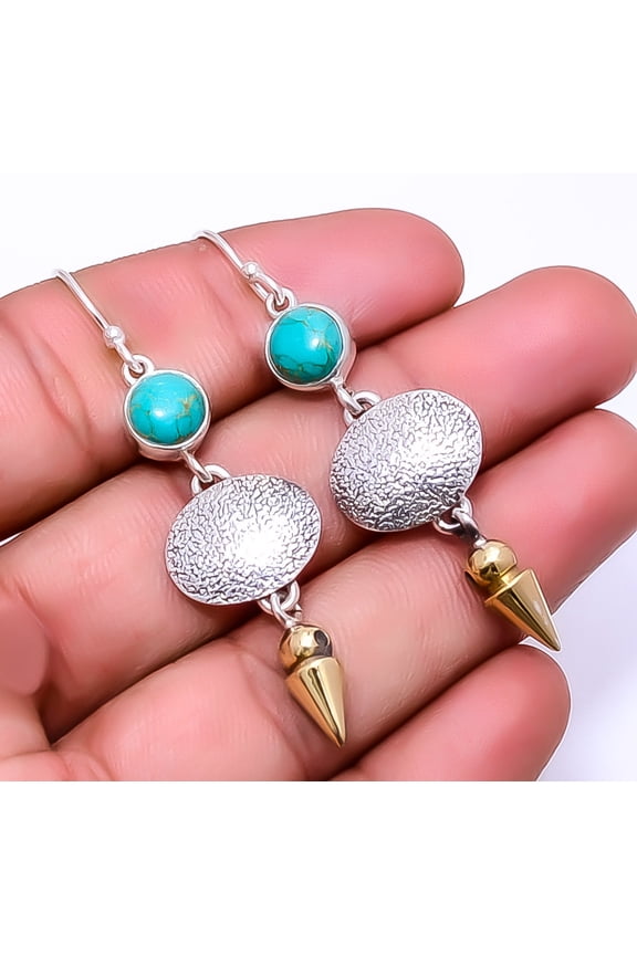 Copper Blue Turquoise 925 Sterling Silver Two Tone Arrow Head Earring 2.34" E47, Handmade Jewelry, Dangle Earring