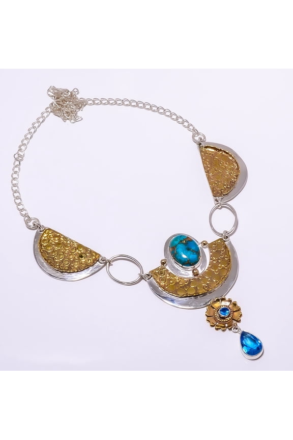 Copper Blue Turquoise Gemstone 925 Silver Plated Two Tone Necklace 17.99" A398, Valentine's Day Gift, Birthday Gift, Beautiful Jewelry For Woman