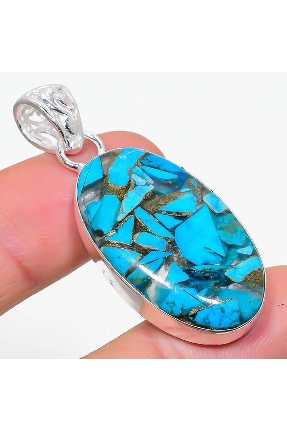 Copper Blue Turquoise Gemstone 925 Sterling Silver Jewelry Pendant 2.09"