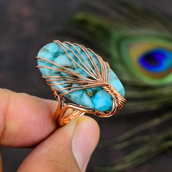 Copper Blue Turquoise Gemstone Copper Wire Wrap Jewelry Ring Size 6.5