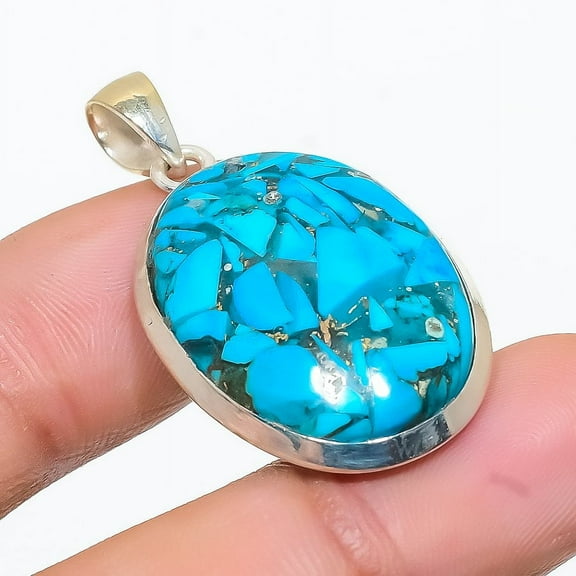 Copper Blue Turquoise Gemstone Handmade 925 Sterling Silver Pendant 1.50"