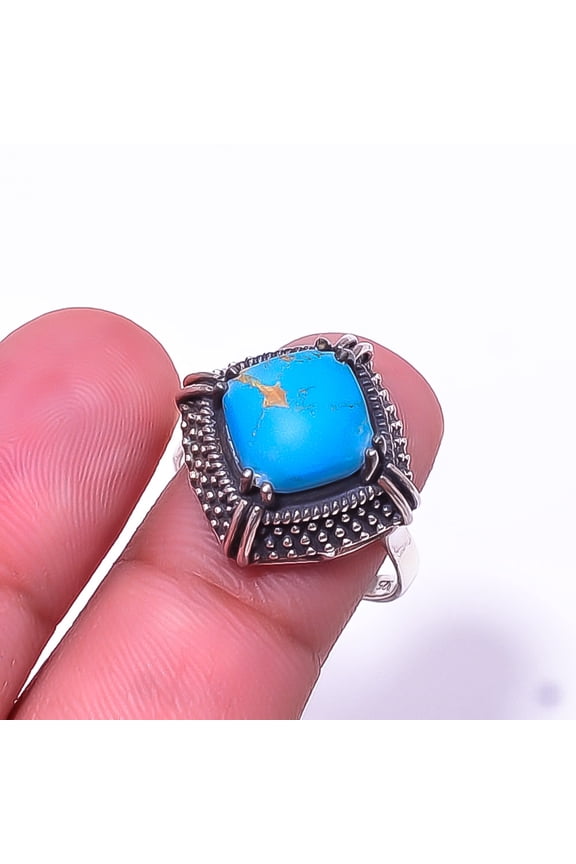 Copper Blue Turquoise Solitaire Gemstone Handmade 925 Silver Plated Ring s.8, Blue Copper Blue Turquoise Ring R_8037_302_23
