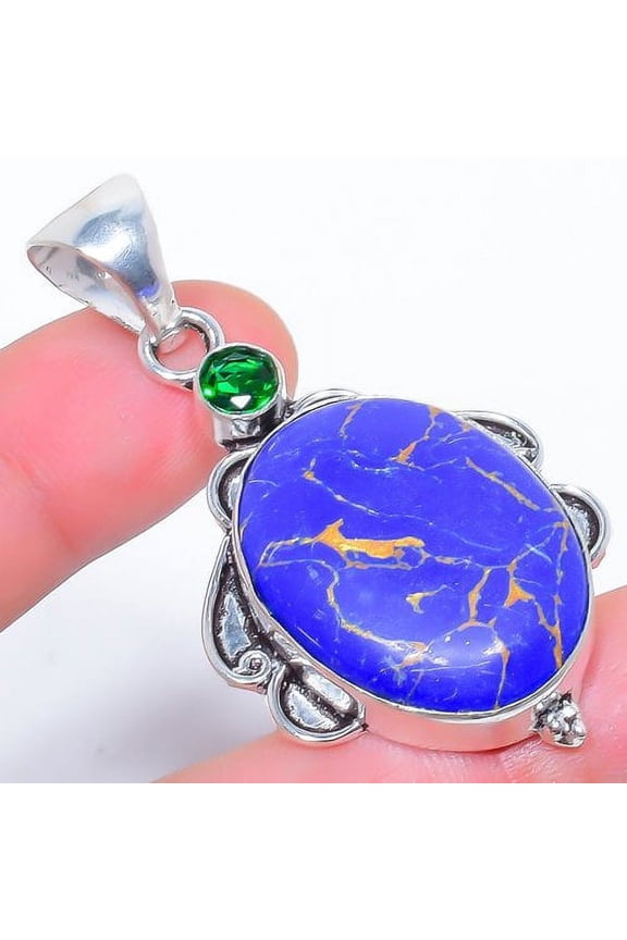 Copper Blue Turquoise & Tsavorite 925 Silver Plated Pendant 2.3" T2763
