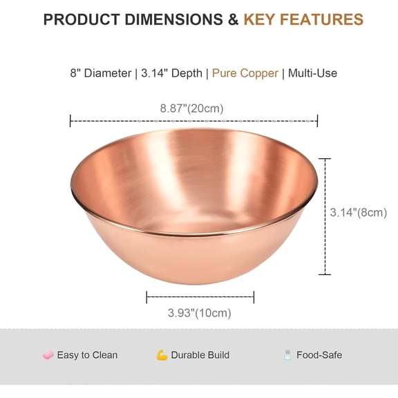 Copper Bowl, Gauge Thick 99.99% Copper Mixing Bowl for Salad, 8'' Diameter, Egg Beating, Decorative & Kitchen Serving Purposes