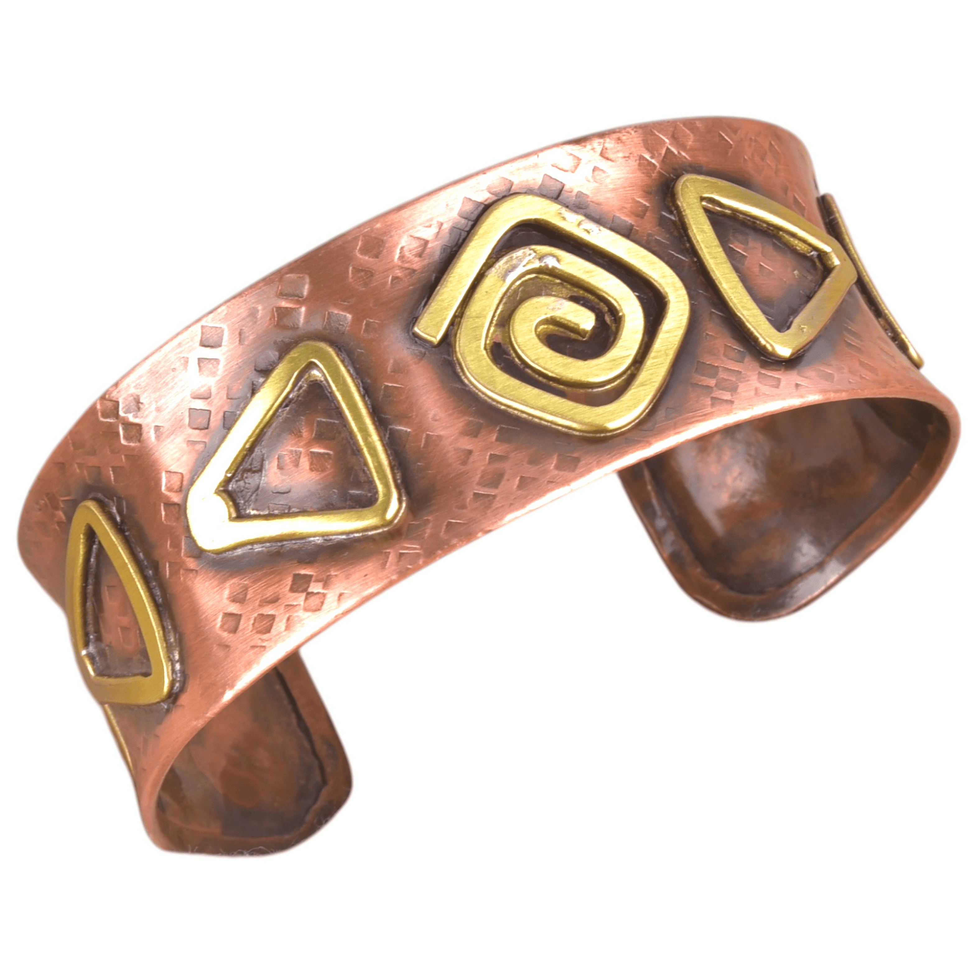 Vivanta Copper Bracelet for Men & Women – Handmade Copper Cuff Bracelet Jewelry with Brass Geometric Inlays, Adjustable Open Cuff, Tribal Spiral & Triangle Vintage Style Rustic Hammered Artisan Gift
