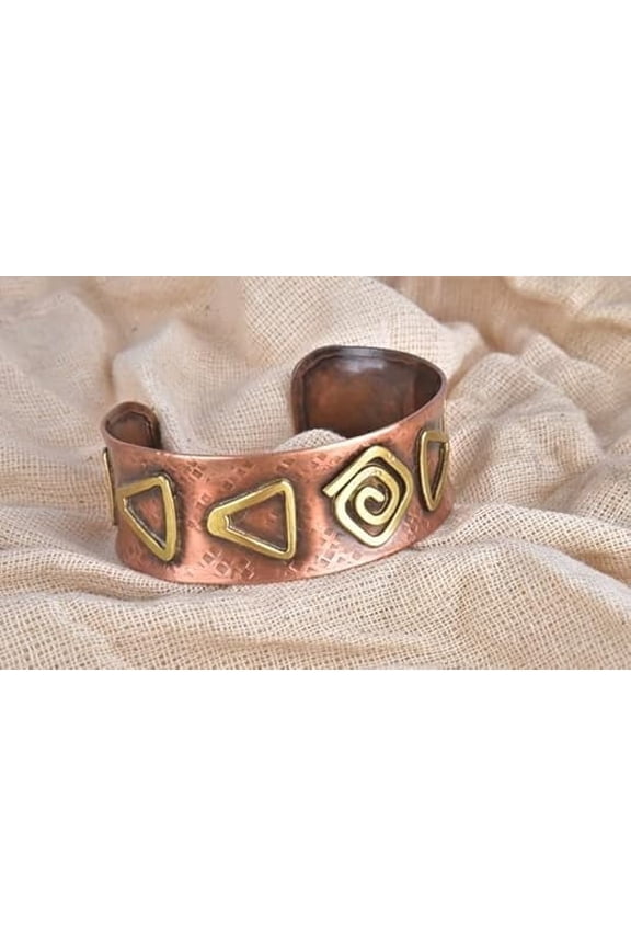 Copper Bracelet for Men & Women Handmade Copper Cuff Bracelet Jewelry with Brass Geometric Inlays, Adjustable Open Cuff, Tribal Spiral & Triangle Vintage Style Rustic Hammered Artisan Gift
