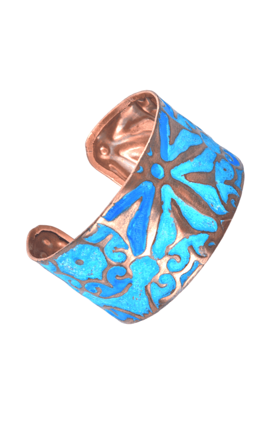 Copper Bracelets for Women Turquoise Verdigris Patina Copper Cuff Bracelet, Vintage and Boho Jewelry, Handmade Floral Design, Wide Adjustable Open Cuff, Solid Copper Artisan Gift for Her