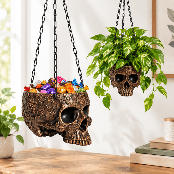 Copper/Bronze Gothic Skeleton Hanging Planter for Indoor Outdoor Plants