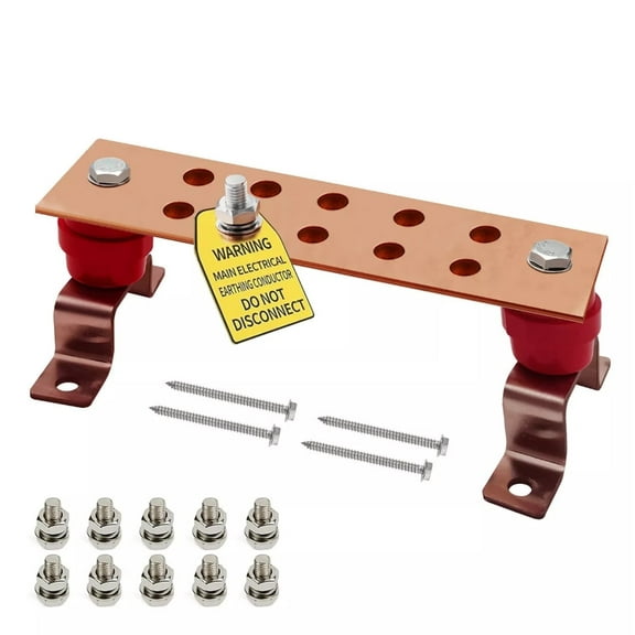 7.8" Copper Ground Bus Bar with 10 Terminal Positions, 600A Copper Grounding Bar Kit Include Wall Mount Bracket & Insulators