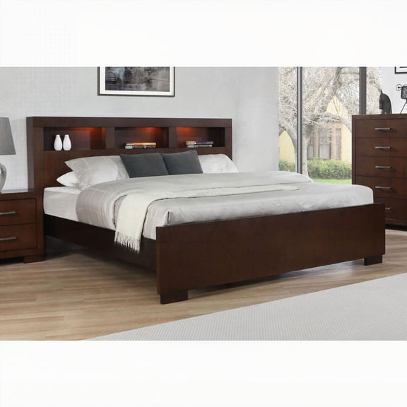 Copper Cappuccino Eastern King Bed Featuring LED Storage Bookcase