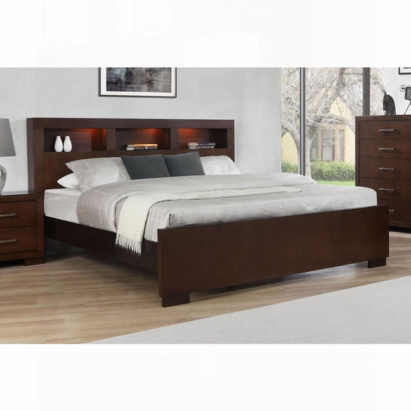 Eastern King Storage Bookcase Bed in Copper Cappuccino Finish and with LED Lighting Features