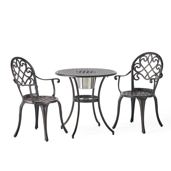 Copper Cast Aluminum 3PC Bistro Set with Ice Bucket for Outdoor Patio, 2 Chairs and Mesh Table