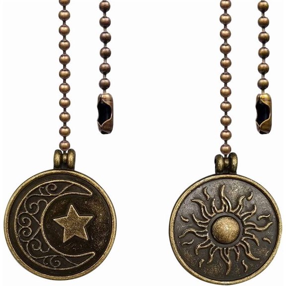 Copper Ceiling Fan Pull Chain Moon & Sun, 2Pack Decorative Totem Pull Charm Pendant Extension, 12 Inches Lighting & Fan Beaded Ball String Extender Ornament with Connector