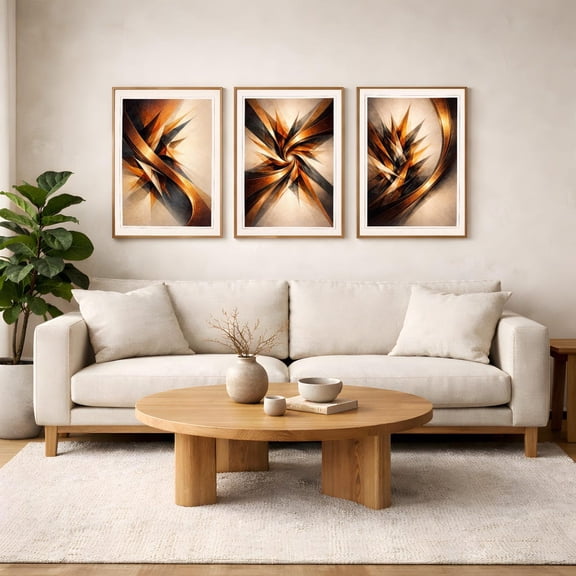 Copper Charcoal Abstract Art Print Kinetic Geometry Triptych Wall Art, Poster Only