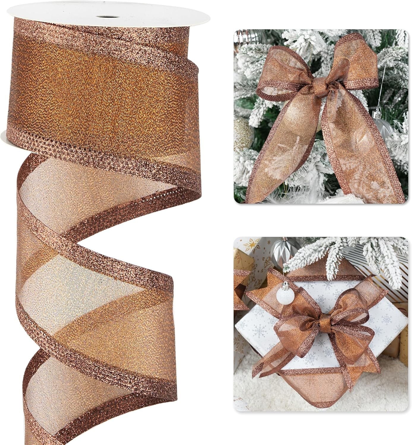 Copper Christmas Ribbon Wired 2.5 Inch Metallic Copper Wired Ribbon with Glitter Stripe, Ribbon for Christmas Tree, Wreaths Supplies, Swag, Garland, Holiday Decor - 10 Yards