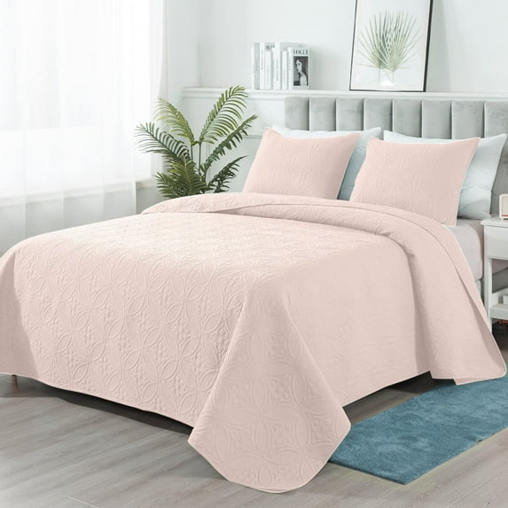 Copper Coin Pattern Quilted Bedspread 3 -Piece Pink Full/Queen Quilt Set