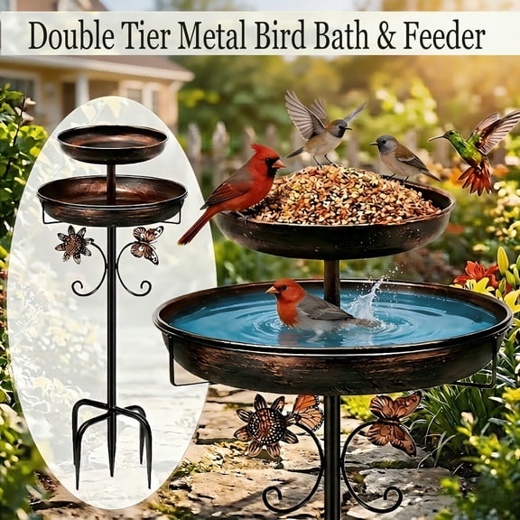 Copper-Colored Double-Layer Patio Bird Bath & Feeder Floor-Standing Bird Feeder Five-Claw Stable Base Durable and Easy To Install Outdoor Decorative Multi-functional Bird Feeder for Yard, Lawn
