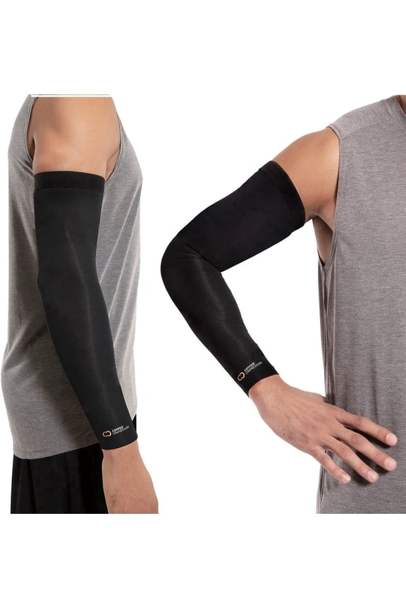 Arm Sleeve - Copper Infused Full Arm Brace for Forearm, Bicep, Triceps - Tennis Elbow, Basketball, Golf, Arthritis, Tendonitis, Bursitis, Post Surgery Rehab - Black - L