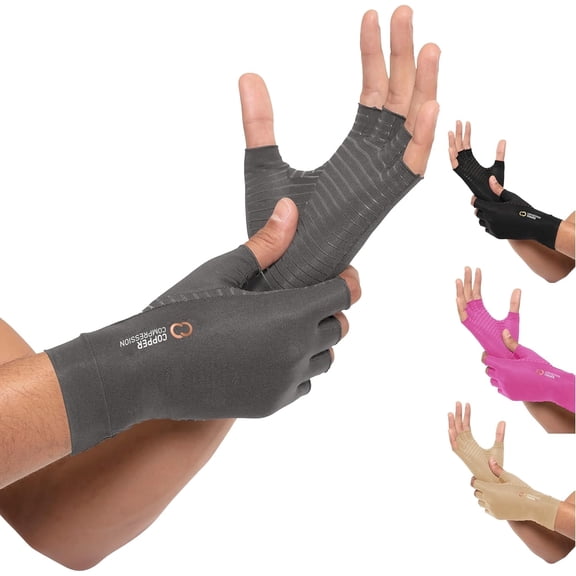 Copper Compression Arthritis Gloves | Fingerless Arthritis Carpal Tunnel Pain Relief for Men & Women | Hand Support Wrist Brace for Neuropathy, Rheumatoid, Tendonitis, Swelling, Typing Grey Medium