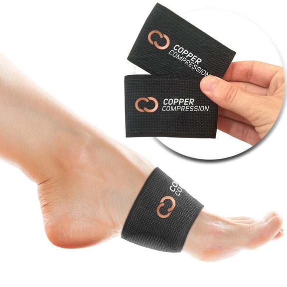 Copper Compression Copper Padded Arch Support - 2 Pain Relief Foot Care Brace Sleeves for Plantar Fasciitis, Heel Spurs - Wide Narrow Feet - Flat Feet & Fallen Arches, High Arch - 1 Pair - Black