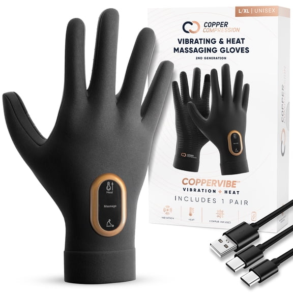 Copper Compression CopperVibe™ 2.0 Heated Vibrating Gloves for Hand Pain Relief | 4 Heat Levels, 3 Massage Modes, Rechargeable & Cordless | Arthritis, Carpal Tunnel, Joint Pain | S/M