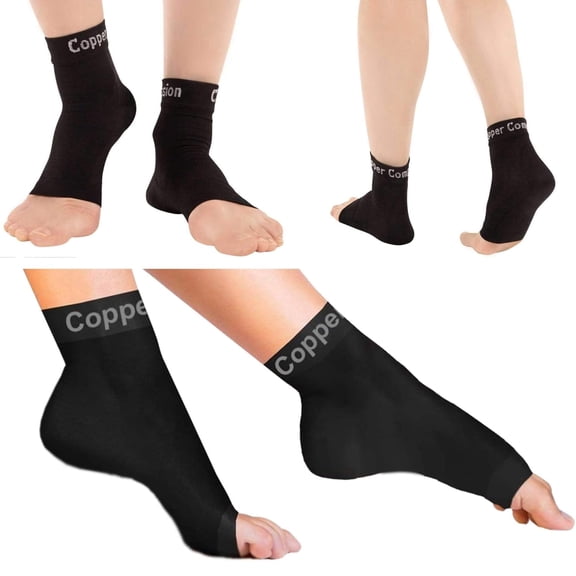 Copper Compression Foot Sleeves - Plantar Fasciitis, Achilles, Ankle Support Brace Socks - Day / Night Relief from Heel Spurs, Arch Pain, Swelling, Soccer Injuries, Golf, Running - 1 Pair Black - XL
