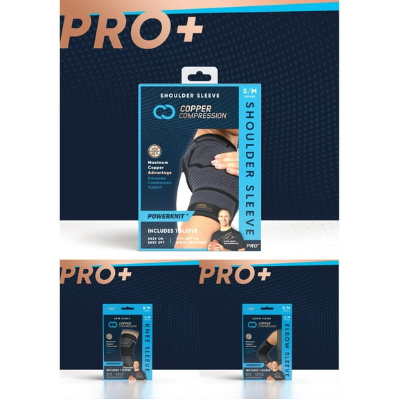 Copper Compression PRO+ PowerKnit Support Bundle (S/M) Knee, Elbow & Shoulder Sleeves for Pain Relief, Injury Recovery & Joint Support Ideal for Fitness, CrossFit, Running, Weightlifting & Sports